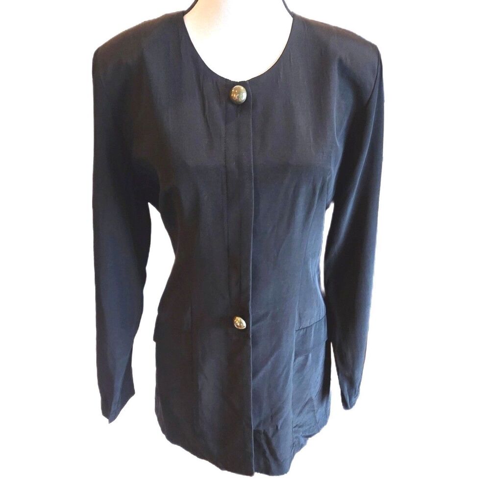 Vintage 90s Decade Designs Black Minimalist Tunic Top Gold Dome Buttons USA 10